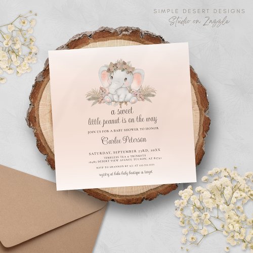 Modern Boho Floral Elephant Baby Shower Invitation