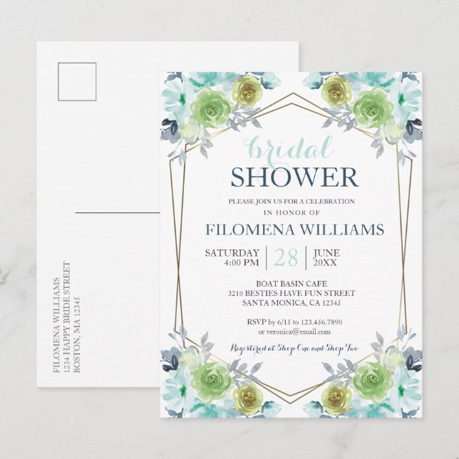 Modern Boho Floral Geometric Bridal Shower   Invit Invitation Postcard (Front/Back)