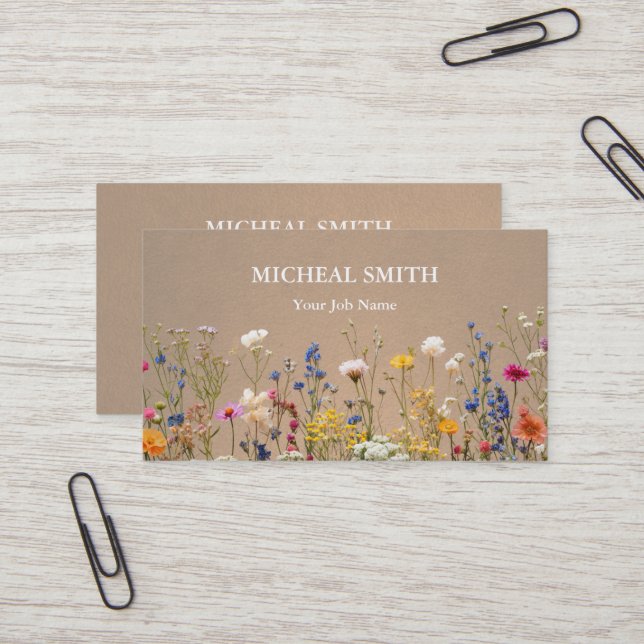 Modern Boho Floral Kraft  Business Card (Front/Back In Situ)