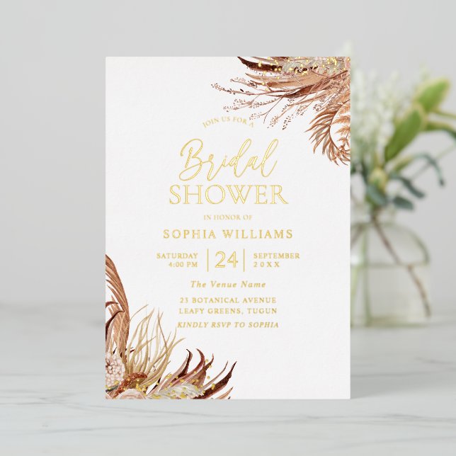 Modern Boho Floral Leaf Bohemian Bridal Shower Foil Invitation (Standing Front)