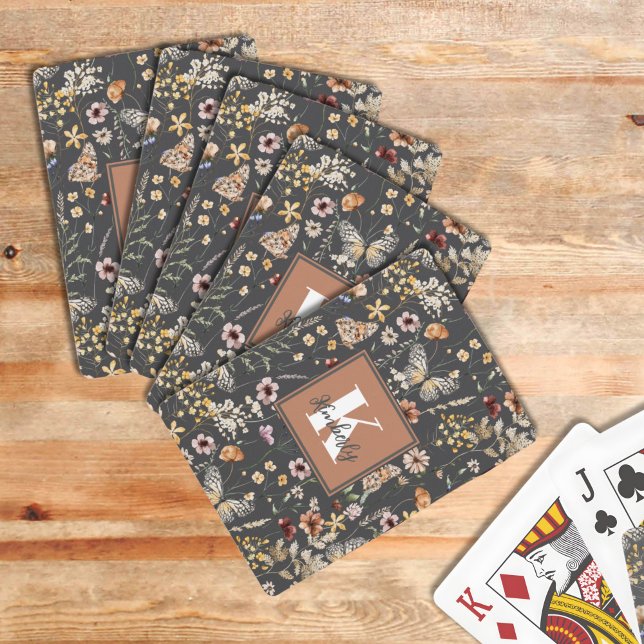 Modern Boho Floral Monogram Name Poker Cards (Creator Uploaded)
