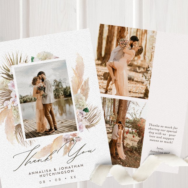 Modern Boho Floral Multi Photo Wedding Thank You Card (Creator Uploaded)