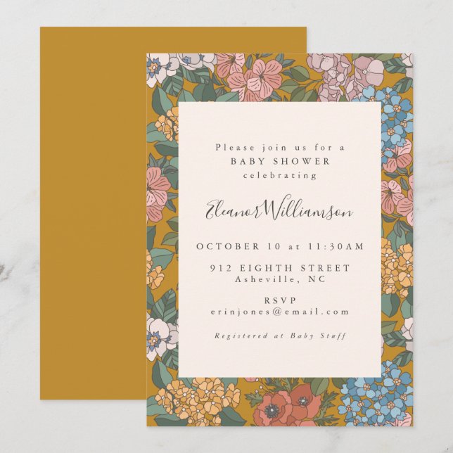 Modern Boho Floral Mustard Yellow Baby Shower Invitation (Front/Back)