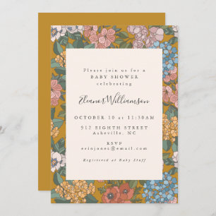 Modern Boho Floral Mustard Yellow Baby Shower Invitation