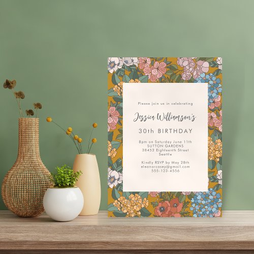 Modern Boho Floral Mustard Yellow Birthday Party Invitation