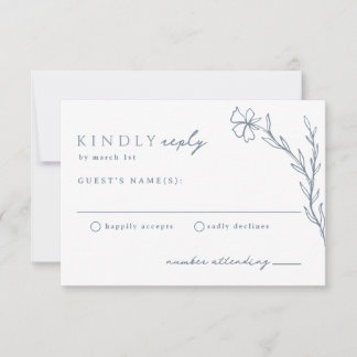 Modern Boho Floral Outline in Dusty Blue Wedding RSVP Card