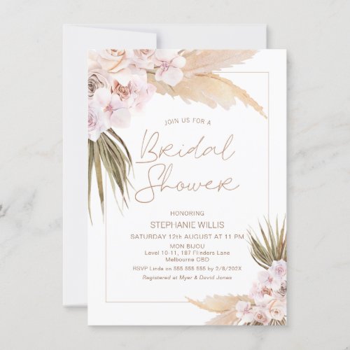 Modern Boho Floral Pampas Frame Bridal Shower Invitation