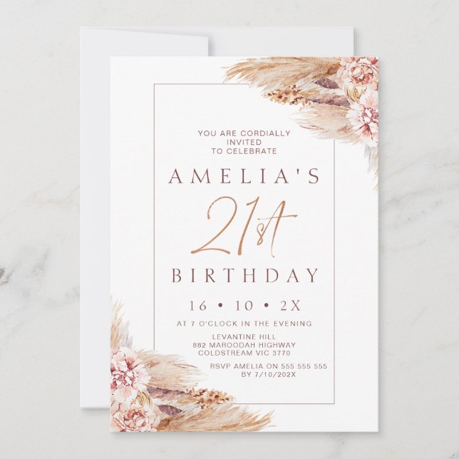Modern Boho Floral Pampas Grass 21st Birthday Invitation (Front)