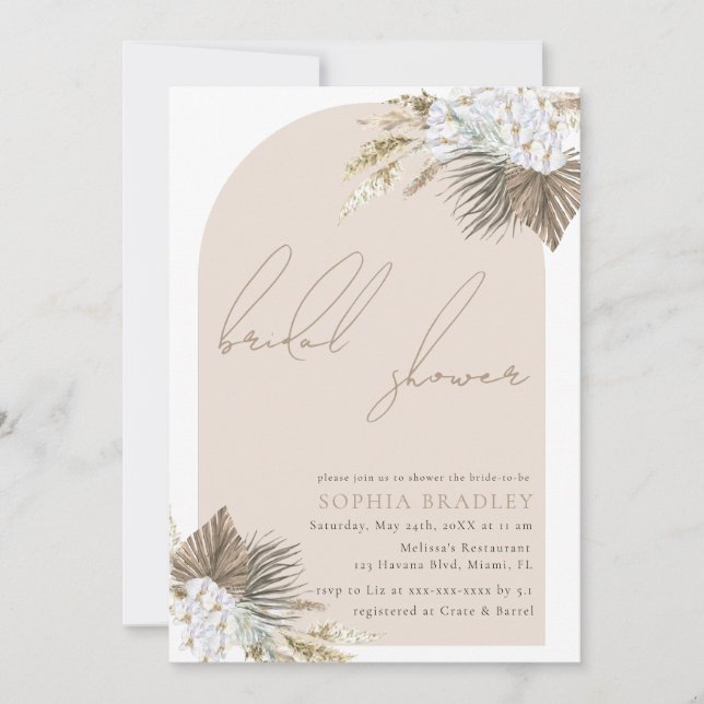 Modern Boho Floral Pampas Grass Bridal Shower Invitation (Front)