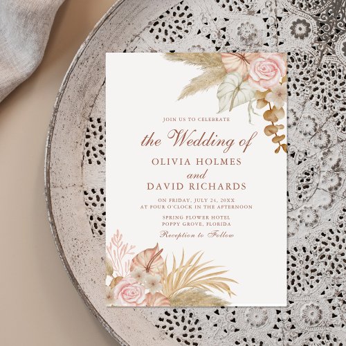 Modern Boho Floral Pampas Grass Wedding Invitation