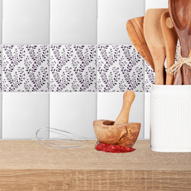 Modern Boho Floral Pattern Plum White Ceramic Tile (Creator Uploaded)