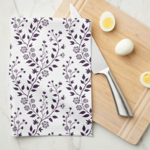 Modern Boho Floral Pattern Plum White Kitchen Towel