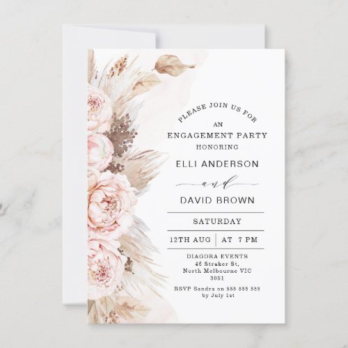 Modern Boho Floral Peonies Pampas Grass Engagement Invitation