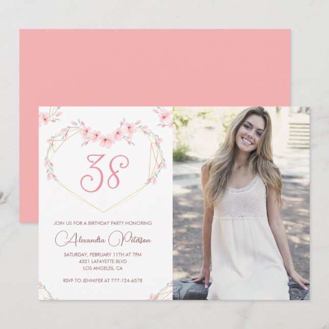 Modern Boho Floral Photo 38th birthday invitation (Front/Back)