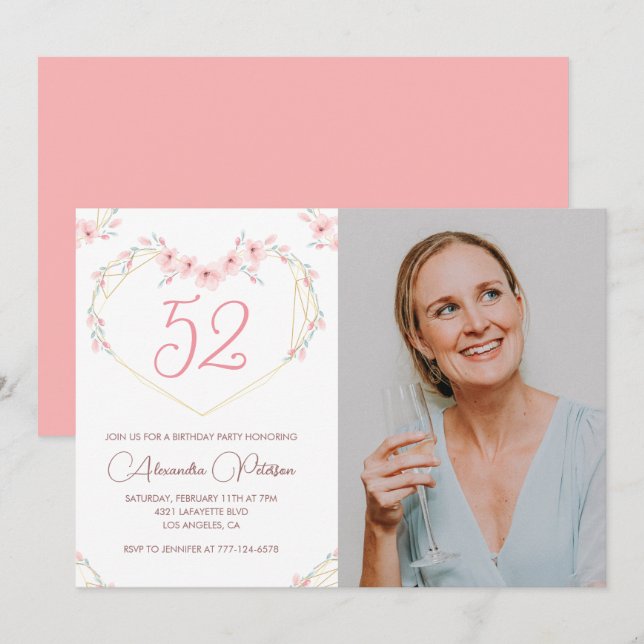 Modern Boho Floral Photo 52nd birthday invitation (Front/Back)