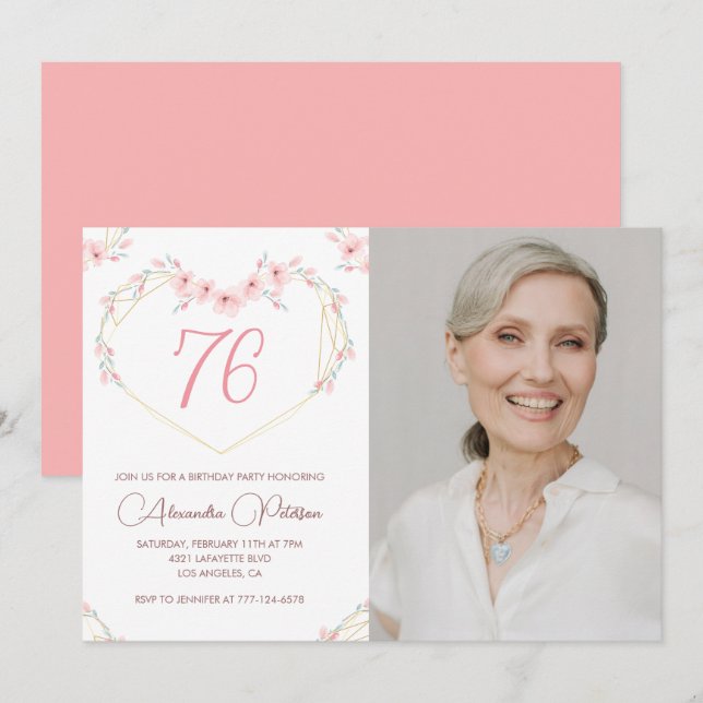 Modern Boho Floral Photo 76th birthday invitation (Front/Back)