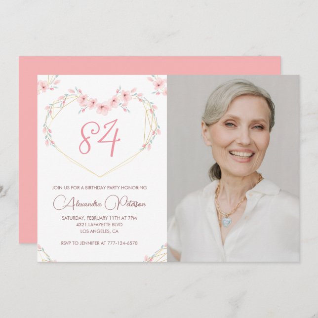 Modern Boho Floral Photo 84th birthday invitation (Front/Back)