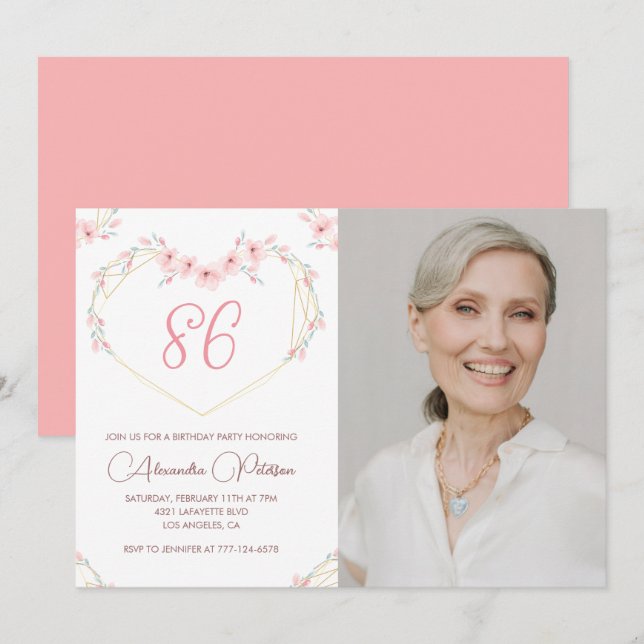 Modern Boho Floral Photo 86th birthday invitation (Front/Back)
