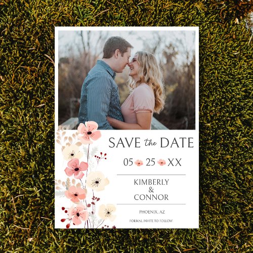 Modern Boho Floral Photo Save the Date  White