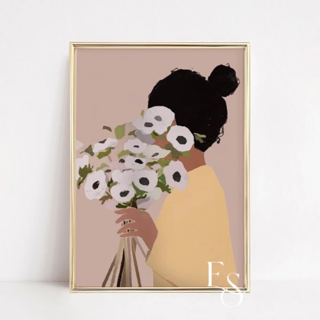 Modern Boho Floral Portrait Illustration Framed Art (woman with flowers art, minimalist woman illustration, boho floral wall art, modern feminine artwork)