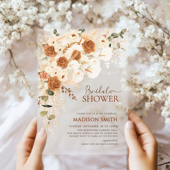 Modern Boho Floral QR Code Bridal Shower Acrylic Invitations (Creator Uploaded)