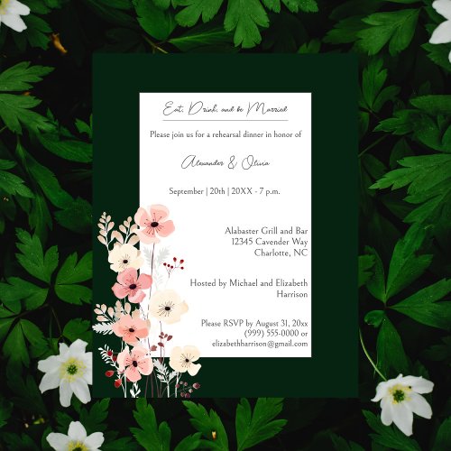 Modern Boho Floral Rehearsal Dinner Emerald Green Invitation