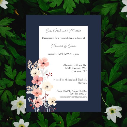 Modern Boho Floral Rehearsal Dinner  Navy Invitation