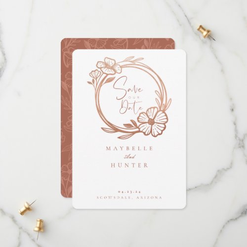 Modern Boho Floral Rose gold Wreath Tan  Brown Save The Date