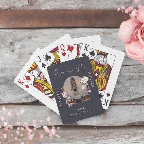 Modern Boho Floral Rose Photo Arch Navy Poker Cards