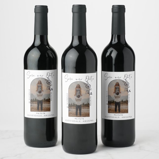 Modern Boho Floral Rose Photo Save The Date White Wine Label (Bottles)