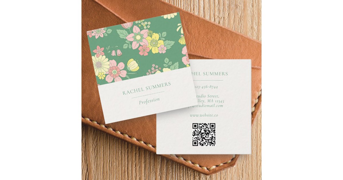 Modern Boho Floral Square QR Business Card | Zazzle