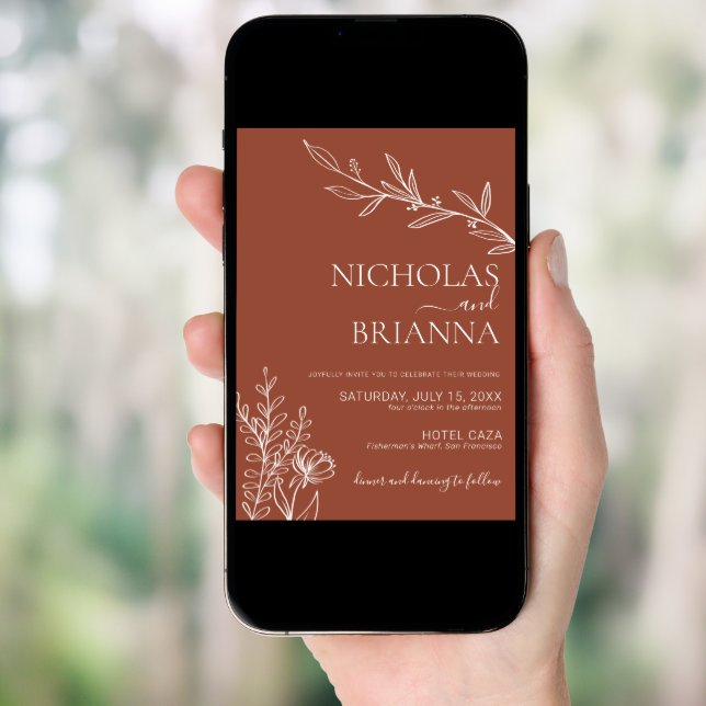 Modern Boho Floral Terracotta Burnt Orange Wedding Invitation (Front Digital)