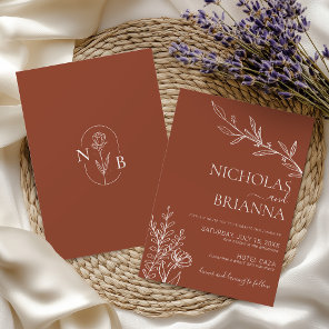 Modern Boho Floral Terracotta Burnt Orange Wedding Invitation
