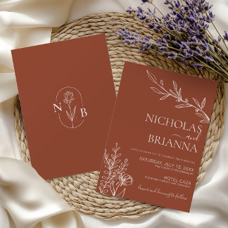 Modern Boho Floral Terracotta Burnt Orange Wedding Invitation