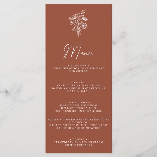 Modern Boho Floral Terracotta Burnt Orange Wedding Menu (Front)