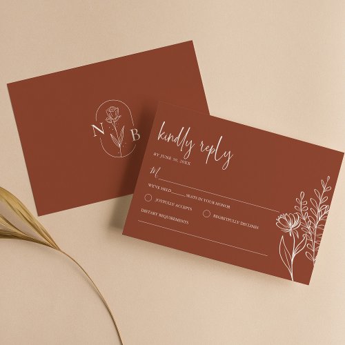 Modern Boho Floral Terracotta Burnt Orange Wedding RSVP Card