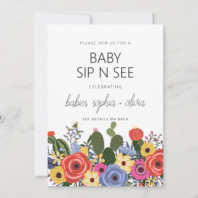 Modern Boho Floral Twin Baby Sip And See Invitation (Front)