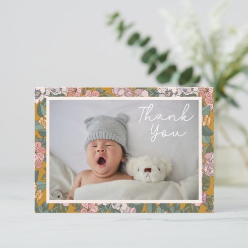Modern Boho Floral Two Photo Baby Shower Message Thank You Card