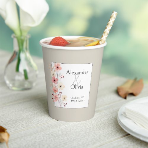 Modern Boho Floral Wedding  Beige Paper Cups