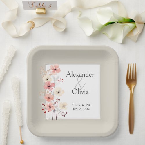 Modern Boho Floral Wedding  Beige Paper Plates