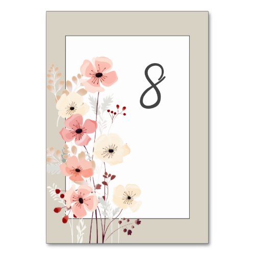 Modern Boho Floral Wedding  Beige Table Number