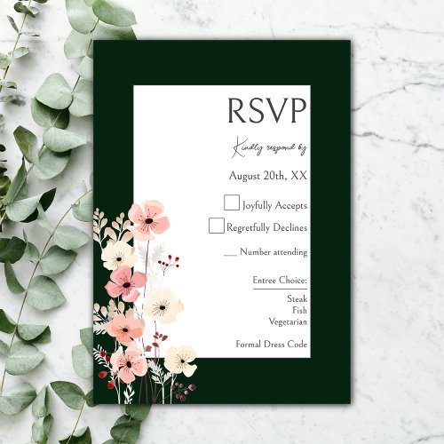 Modern Boho Floral Wedding  Emerald Green RSVP Card