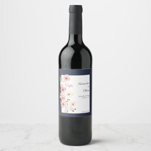 Modern Boho Floral Wedding  Navy Wine Label