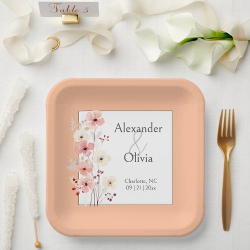 Modern Boho Floral Wedding  Peach Fuzz Paper Plates