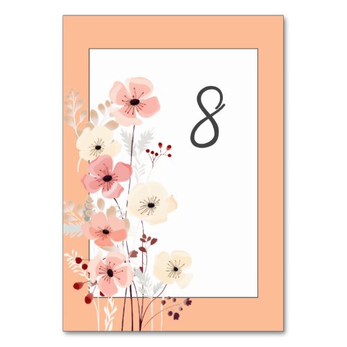 Modern Boho Floral Wedding  Peach Fuzz Table Number