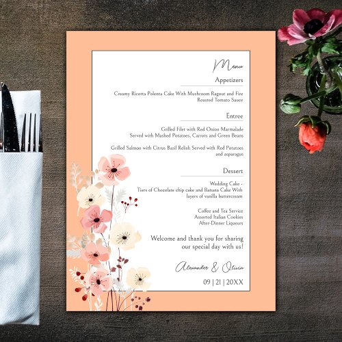 Modern Boho Floral Wedding  Peach Menu