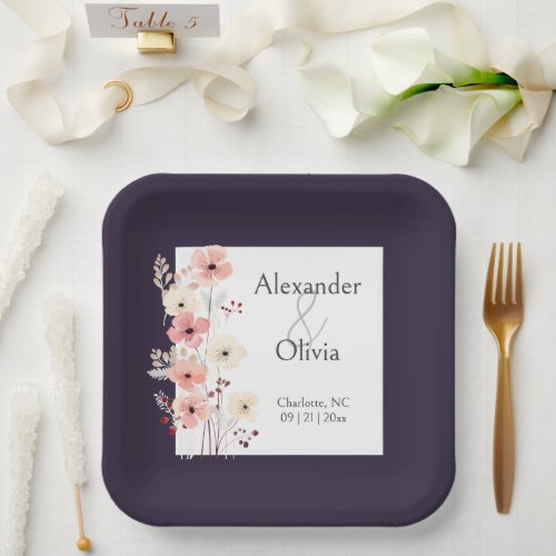 Modern Boho Floral Wedding  Purple Paper Plates