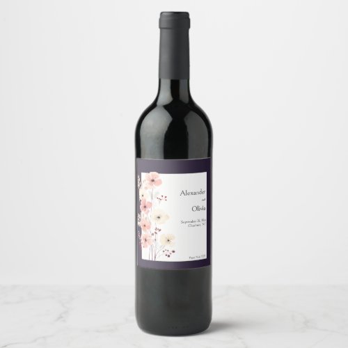 Modern Boho Floral Wedding  Purple Wine Label