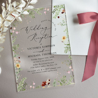 Modern Boho Floral Wedding Reception Acrylic Invitations