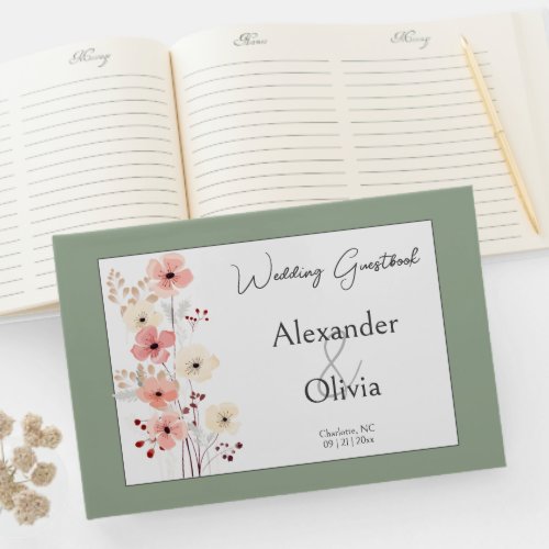 Modern Boho Floral Wedding  Sage Green  Guest Book